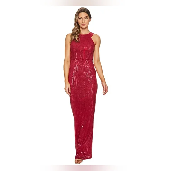 adrianna papell sequin halter dress Sequined Trapeze Halter Dress With Feather Trim In Black, Black / Regular / 0